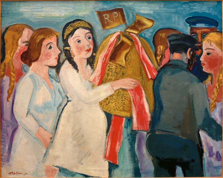 Mädchen in Weiß binden ein Band um eine goldene Erntekrone, daneben ein Mann – Max Pechstein Erntekrone Kunstkopie