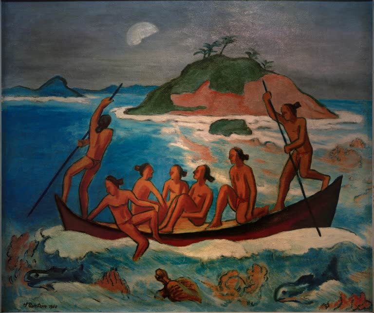 Einbaum mit Figuren über dem Korallenriff, Insel im Mondlicht – Max Pechstein Fahrt über dem Korallenriff Kunstkopie