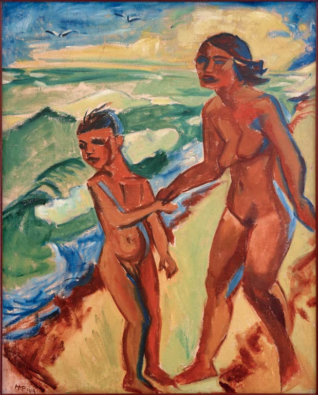 Nackte Frau führt ein Kind an der Hand durch die Brandung am Strand – Max Pechstein Feuchter Tag Kunstkopie