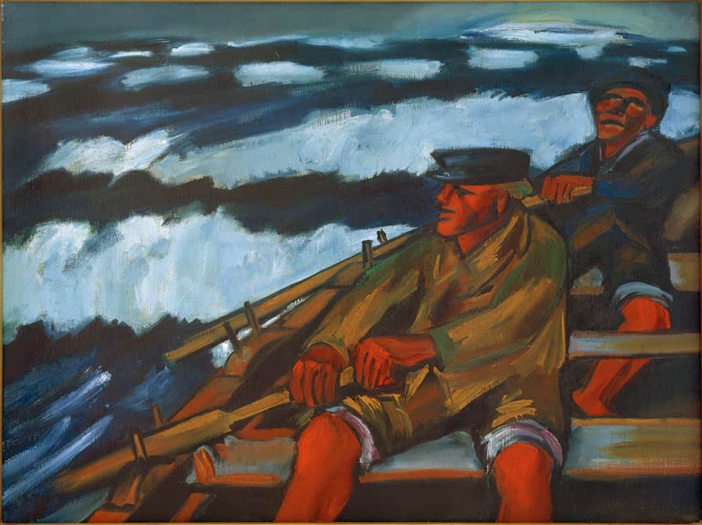 Zwei Fischer rudern in einem Boot über dunkelblaue Wellen – Max Pechstein Fischer im Boot Kunstkopie