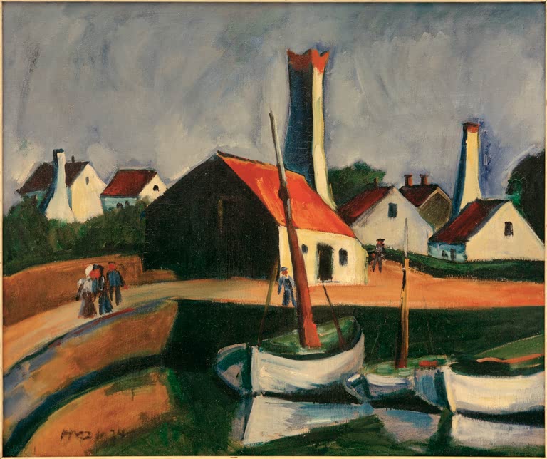 Weiße Boote in einem Hafen mit roten Dächern und zwei Schornsteinen – Max Pechstein Fischerhafen auf Bornholm Kunstkopie