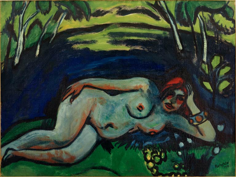 Liegender blauer Akt mit rotem Haarschmuck an einem dunklen Teich – Max Pechstein Früher Morgen Kunstkopie