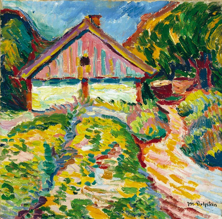 Rosa Haus mit Giebeldach, davor ein bunter Garten mit gelbem Weg – Max Pechstein Haus an der Kurischen Nehrung Kunstkopie