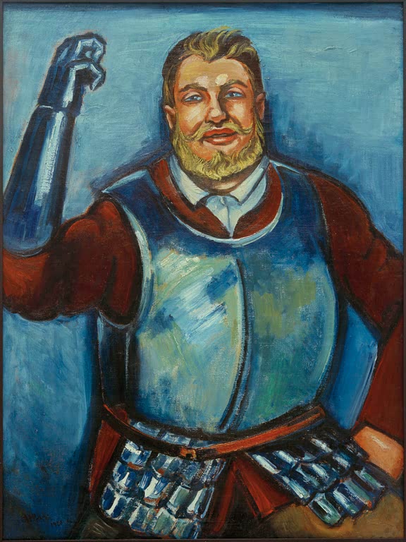 Mann in Ritterrüstung mit erhobener Eisenfaust vor blauem Grund – Max Pechstein Heinrich George als Götz Kunstkopie