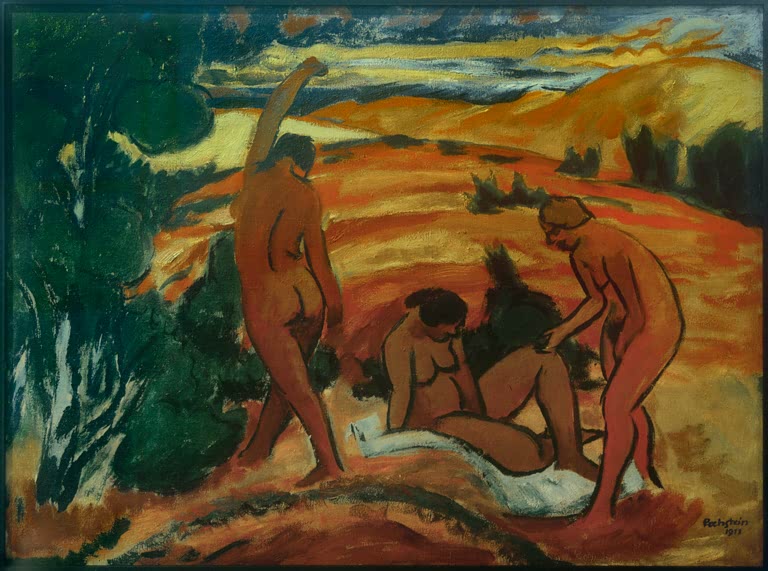 Drei Akte lagern und stehen in orangeroten Dünenhügeln unter Abendhimmel – Max Pechstein In den Dünen Kunstkopie