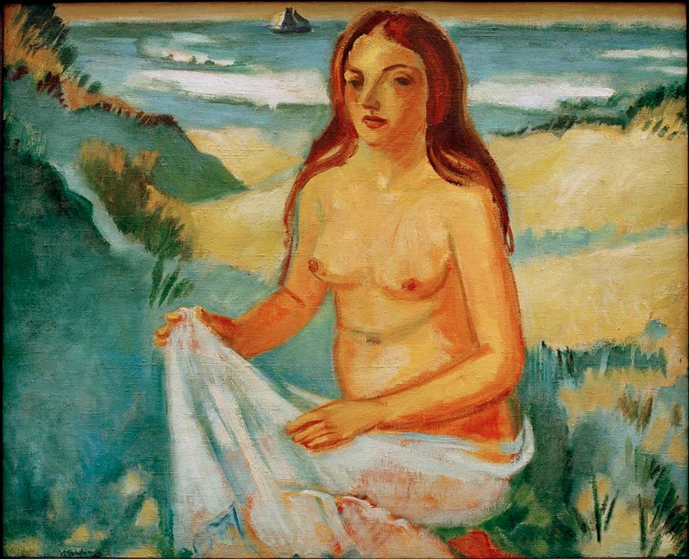 Rothaariges Mädchen mit weißem Tuch sitzt in den Dünen am Meer – Max Pechstein Junges Mädchen am Meer Kunstkopie