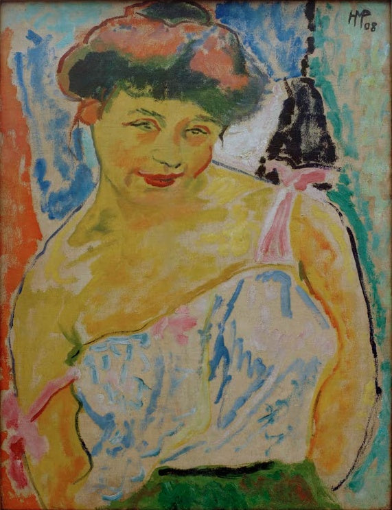 Lächelnde junge Frau mit Haarschmuck und hellem Trägerhemd – Max Pechstein Junges Mädchen Kunstkopie