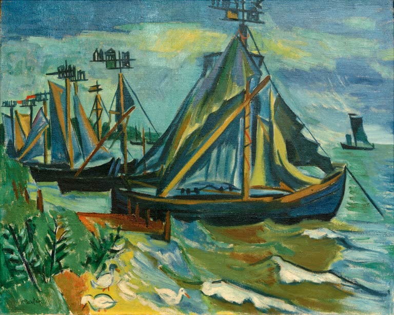 Keitelkähne mit Segeln im Hafen von Nidden, vorne Gänse am Ufer – Max Pechstein Keitelkähne in Nidden Kunstkopie