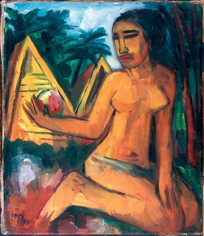 Kniender Akt vor gelben Hütten und Palmen mit Frucht – Max Pechstein Kniendes Mädchen auf den Palauinseln Kunstkopie