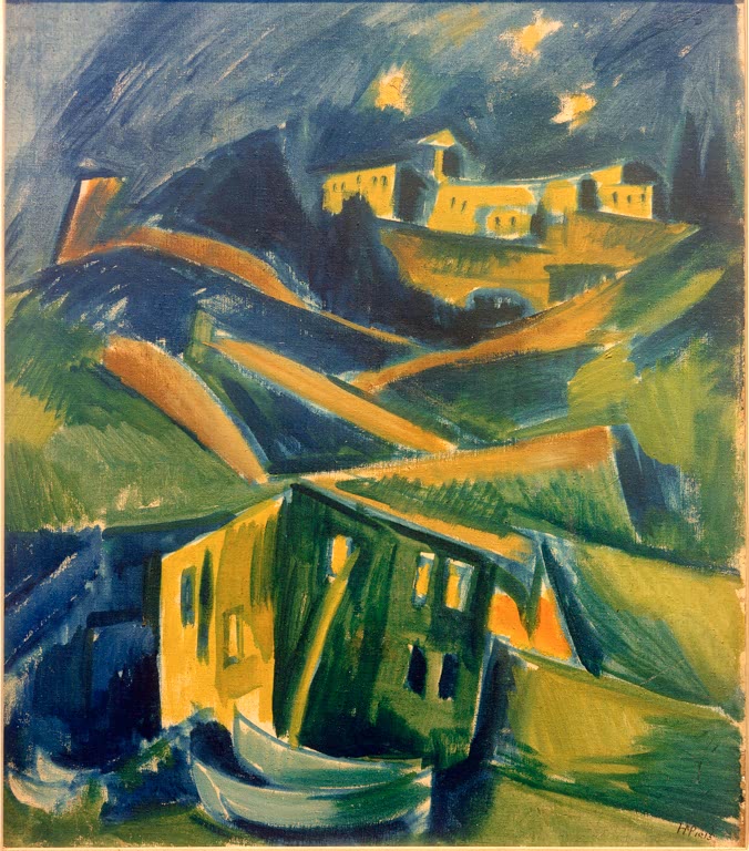 Gelbe Häuser an einer Bucht mit Booten unter Sternenhimmel – Max Pechstein Küste bei Monte Rosso al Mare Kunstkopie