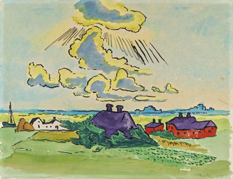 Rote und violette Dächer in grüner Küstenlandschaft unter Wolken – Max Pechstein Küstenlandschaft mit Dorf Kunstkopie