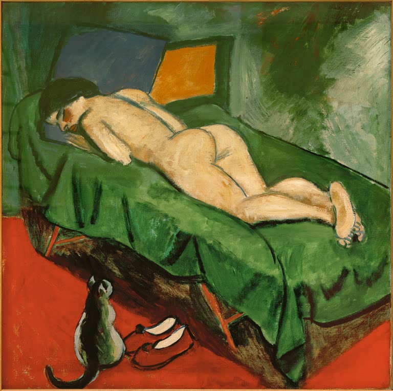 Liegender Rückenakt auf grünem Bett, am Boden eine Katze und Schuhe – Max Pechstein Liegender Rückenakt Kunstkopie