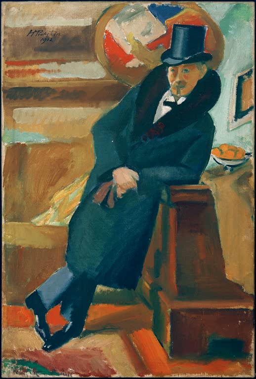 Mann mit Zylinder und Mantel lehnt an einem Sockel im Atelier – Max Pechstein Männerbildnis Bruno Schneidereit Kunstkopie