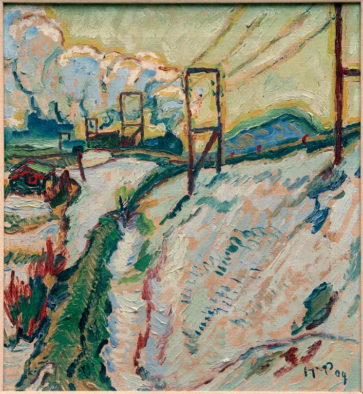 Verschneiter Bahndamm mit Oberleitungsmasten und Zug in pastosen Farben – Max Pechstein Märzenschnee Der Bahndamm Kunstkopie
