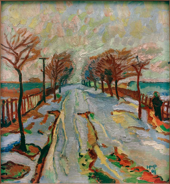 Verschneite Allee mit kahlen Bäumen und Telegrafenmast am Meer – Max Pechstein Märzenschnee I Kunstkopie