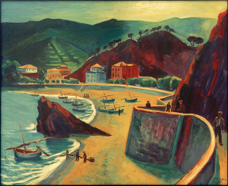 Bucht mit bunten Häusern, Felsen und kleinen Booten am Sandstrand – Max Pechstein Monterosso am Meer Kunstkopie