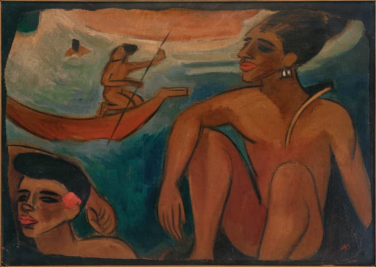 Zwei Frauen im Vordergrund, dahinter ein Einbaum mit Fischer auf dem Wasser – Max Pechstein Morgen Kunstkopie