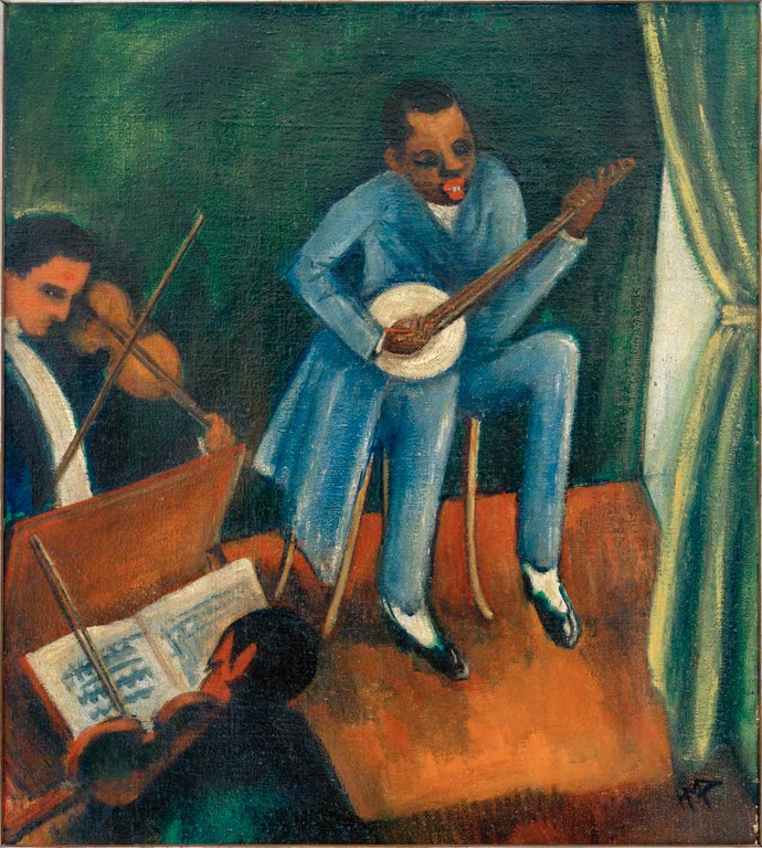 Banjospieler in hellblauem Anzug auf der Bühne, links ein Geiger – Max Pechstein Musikanten Kunstkopie