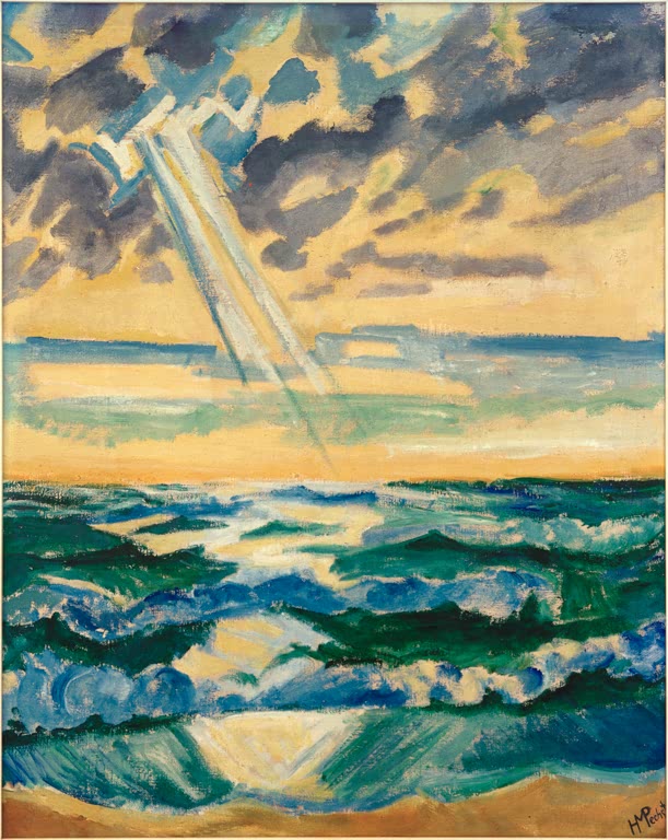 Wellen, Strand und Sonnenstrahlen durch gelb-graue Wolken – Max Pechstein Nachmittag an der See Kunstkopie