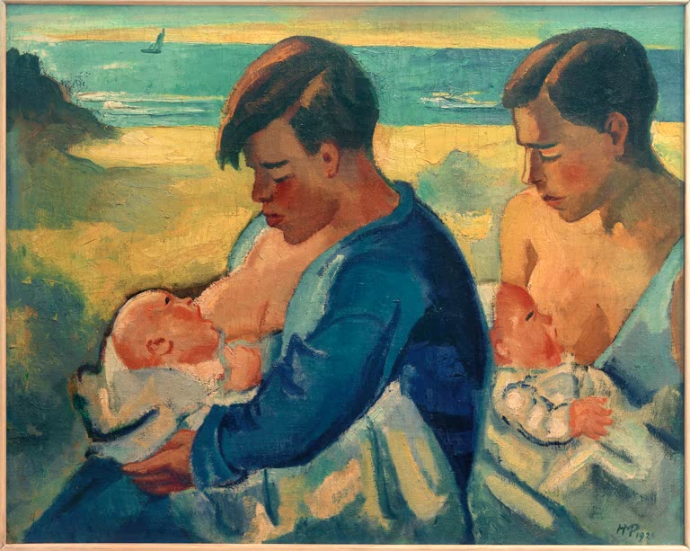 Zwei Mütter stillen ihre Säuglinge vor gelbem Strand und türkisem Meer – Max Pechstein Nährende Mütter Kunstkopie