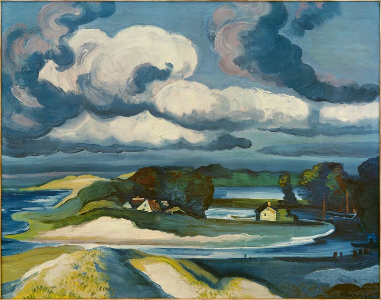 Dünen und Bucht mit kleinen Häusern unter dramatischen Gewitterwolken – Max Pechstein Nordische Landschaft Kunstkopie