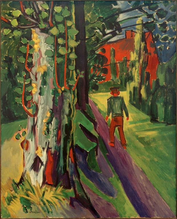 Mann geht durch eine Allee mit hohem Baum und langen Schatten – Max Pechstein Pappel nach dem Regen Kunstkopie
