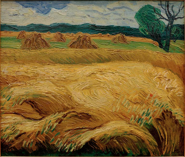 Goldgelbes Kornfeld mit Garben unter bewölktem Himmel – Max Pechstein Reifendes Korn Kunstkopie