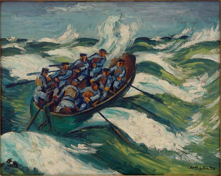 Rettungsboot mit Ruderern in blauen Jacken auf grünen Wellen – Max Pechstein Rettungsboot auf bewegter See Kunstkopie