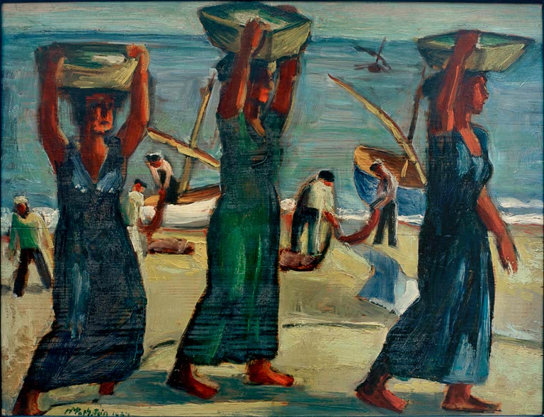 Drei Frauen tragen Körbe auf dem Kopf über den Strand, dahinter Fischer – Max Pechstein Sandträgerinnen Kunstkopie