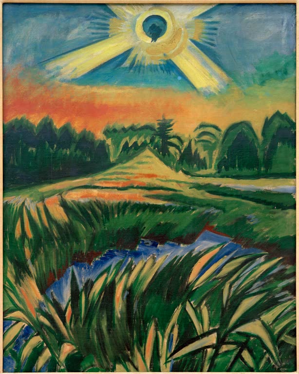 Strahlende Sonne über Schilf, Teich und Wald in leuchtenden Farben – Max Pechstein Schilfbruch Kunstkopie