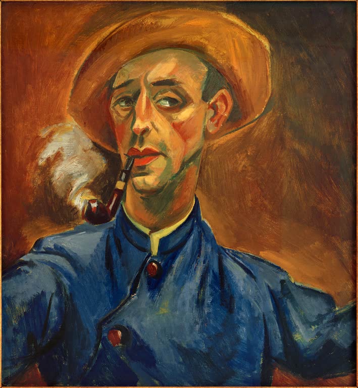 Mann mit Strohhut und Pfeife in blauer Jacke vor braunem Grund – Max Pechstein Selbstbildnis mit Hut und Pfeife Kunstkopie