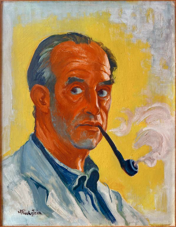 Selbstbildnis eines Mannes mit Pfeife in hellem Hemd vor gelbem Grund – Max Pechstein Selbstbildnis mit Pfeife Kunstkopie
