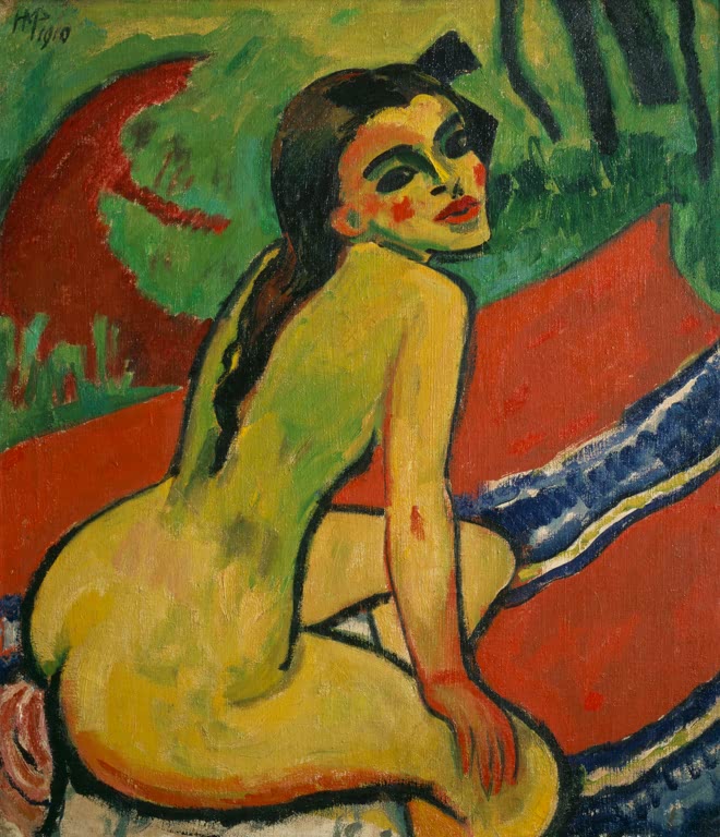 Sitzender weiblicher Akt mit Zopf von hinten vor rotem Sonnenschirm – Max Pechstein Sitzender weiblicher Akt Kunstkopie