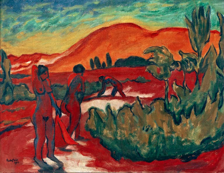 Nackte Figuren in einer roten Dünenlandschaft mit Büschen – Max Pechstein Sommer in den Dünen Kunstkopie