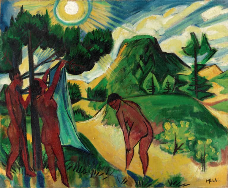 Nackte Figuren im sonnigen Dünental mit Bäumen und Hügel – Max Pechstein Sommer in Nidden Kunstkopie