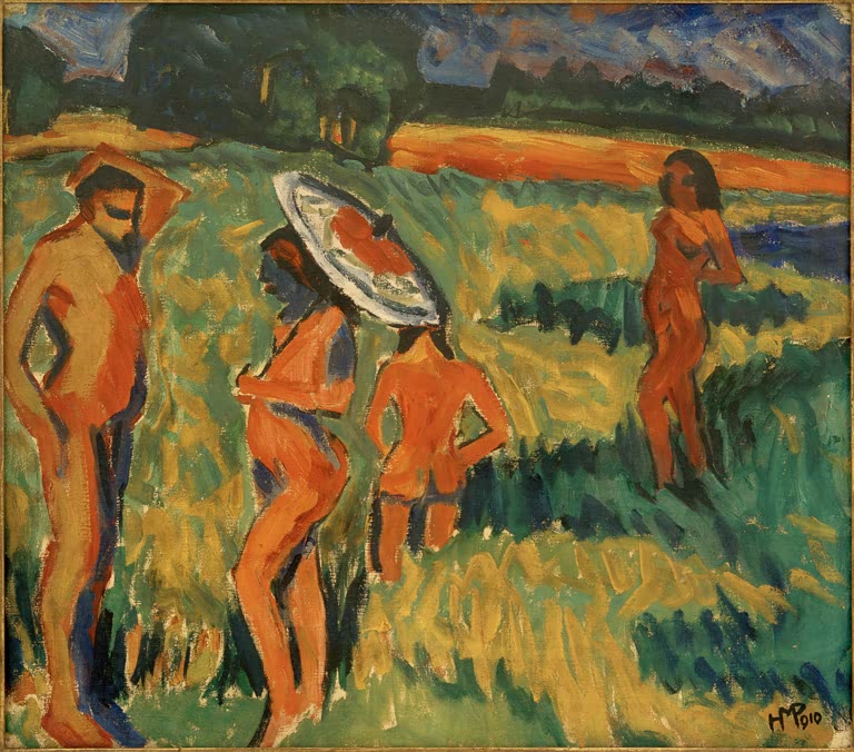 Nackte Figuren mit Sonnenschirm stehen auf einer Sommerwiese – Max Pechstein Sommer Kunstkopie