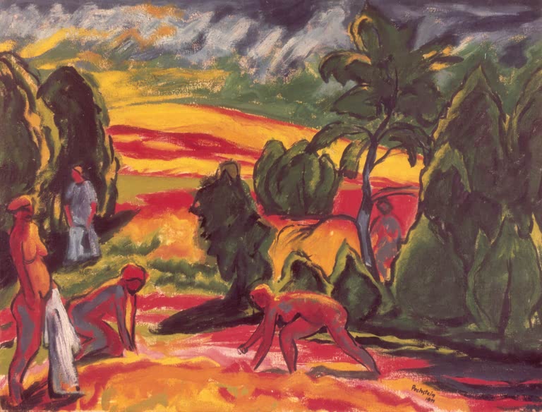 Leuchtend rote Wiesen mit dunklen Bäumen und Figuren unter Gewitterhimmel – Max Pechstein Sommertag Kunstkopie