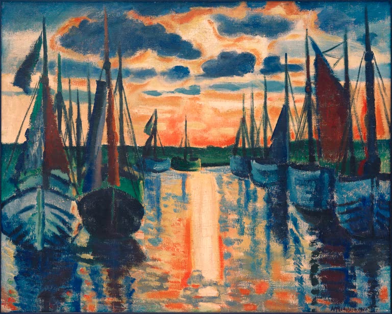 Segelboote im Hafen von Leba bei Sonnenuntergang, rote Spiegelung – Max Pechstein Sonnenuntergang Leba Hafen Kunstkopie
