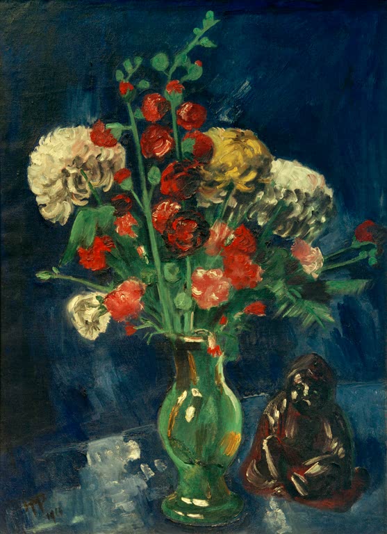 Bunter Blumenstrauß in grüner Vase neben einer Buddhafigur – Max Pechstein Stillleben mit chinesischem Buddha Kunstkopie