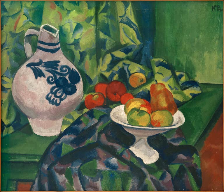 Steingutkrug und Fruchtschale mit Äpfeln und Birnen auf Tuch – Max Pechstein Stillleben mit Fruchtschale Kunstkopie