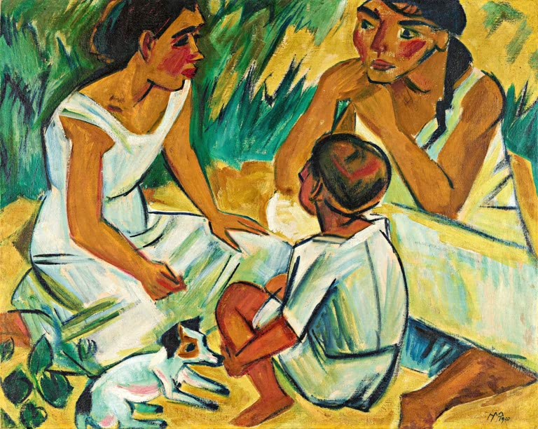 Zwei Frauen und ein Junge mit Hund sitzen im Gras – Max Pechstein Unterhaltung Kunstkopie