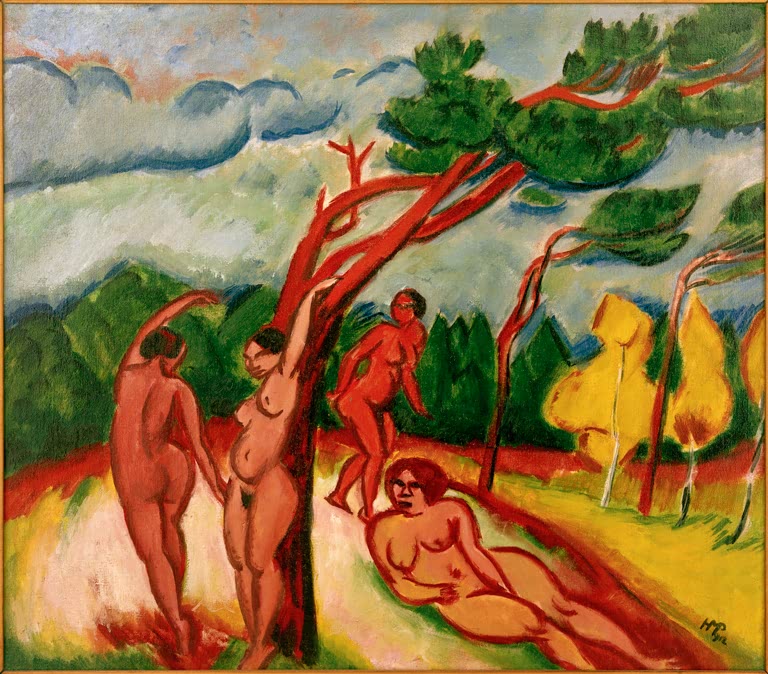 Vier rote Akte unter windgebogenen Bäumen in leuchtender Landschaft – Max Pechstein Vier Akte in Landschaft Kunstkopie