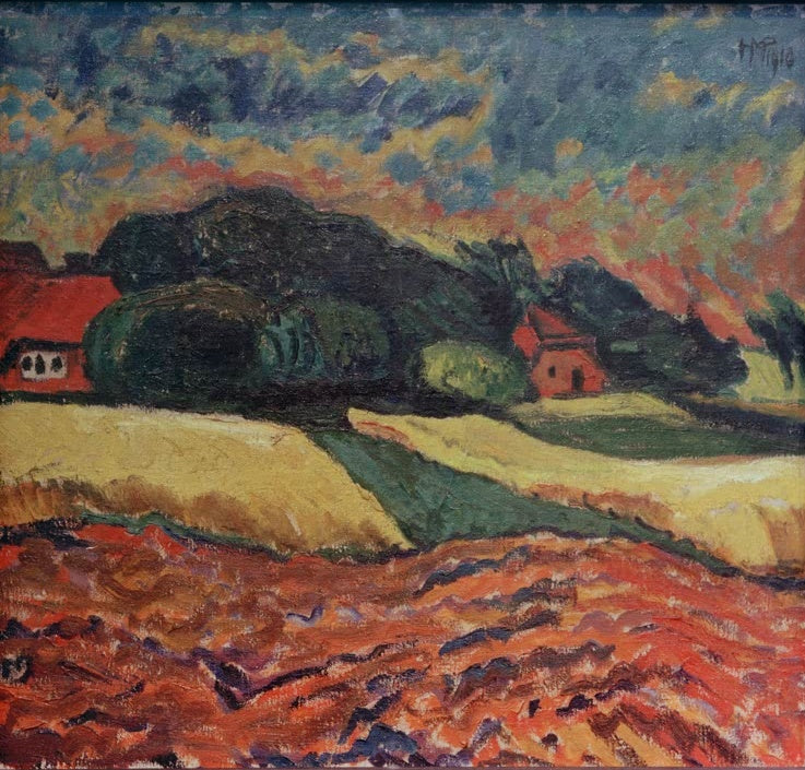 Rote Häuser und dunkle Hügel vor Feldern unter aufgewühltem Himmel – Max Pechstein Vor dem Gewitter Kunstkopie