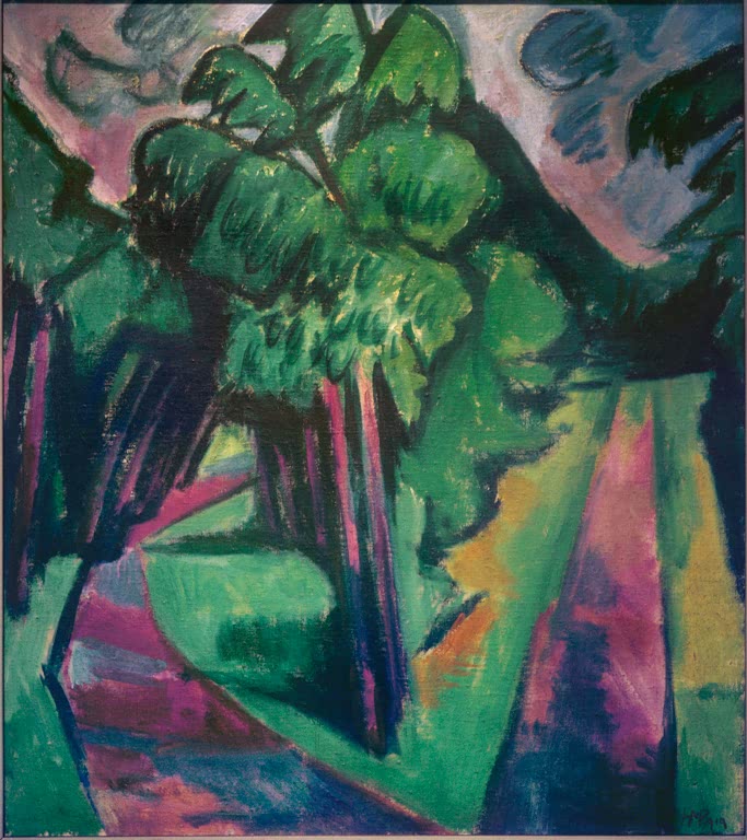 Grüne Bäume an einer Wegkreuzung in kräftigen Farben – Max Pechstein Wegkreuzung Kunstkopie