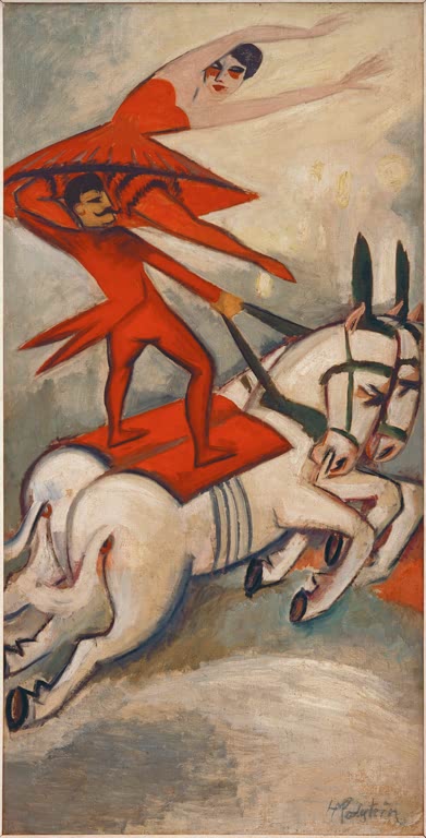 Akrobat in Rot steht auf einem galoppierenden Gespann weißer Pferde – Max Pechstein Zirkusreiter Kunstkopie