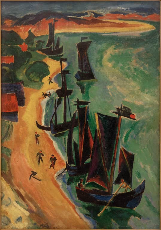 Segelboote liegen am Ufer einer Bucht mit Strand, von oben gesehen – Max Pechstein Zurückgekehrte Kähne Kunstkopie
