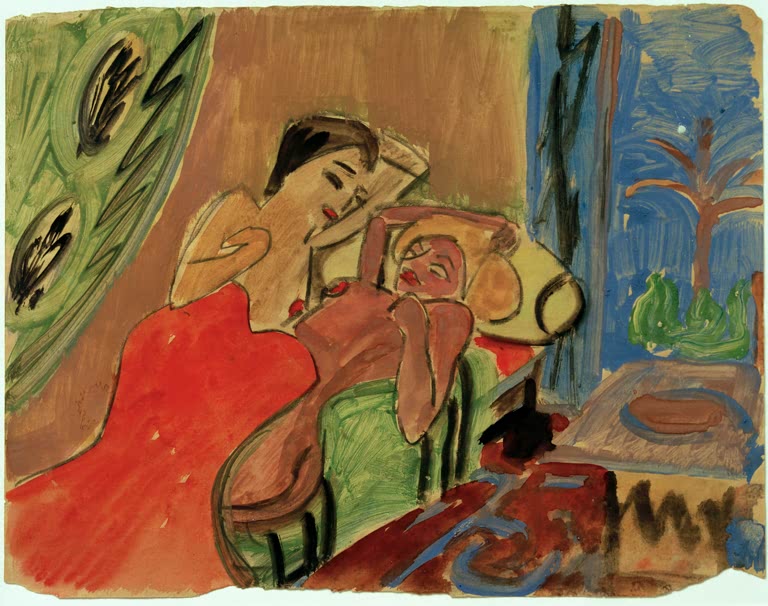 Zwei Akte liegen in einem Zimmer mit Fenster, rotes Kleid, aquarelliert – Max Pechstein Zwei liegende Akte Kunstkopie