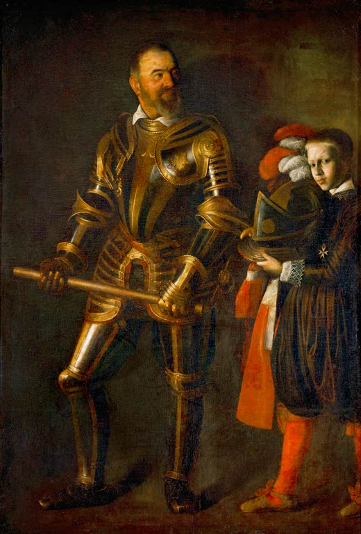 Caravaggio Alof de Wignacourt mit seinem Pagen Kunstkopie, Großmeister in vergoldeter Rüstung, Page trägt gefiederten Helm