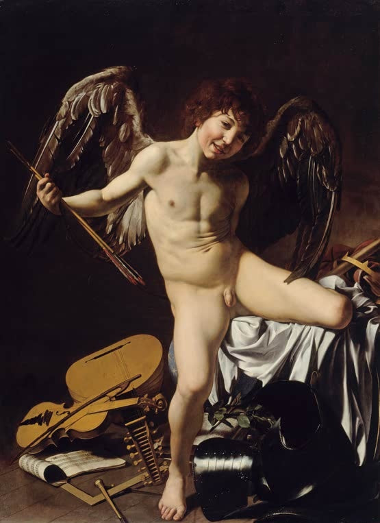 Caravaggio Amor als Sieger Kunstkopie, lachender geflügelter Knabe über Laute, Geige, Notenblatt und Rüstung
