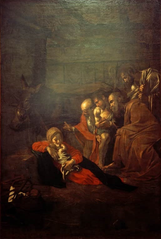 Caravaggio Anbetung der Hirten Kunstkopie, Maria im roten Kleid mit Kind im Stroh, Hirten und Esel im Stall